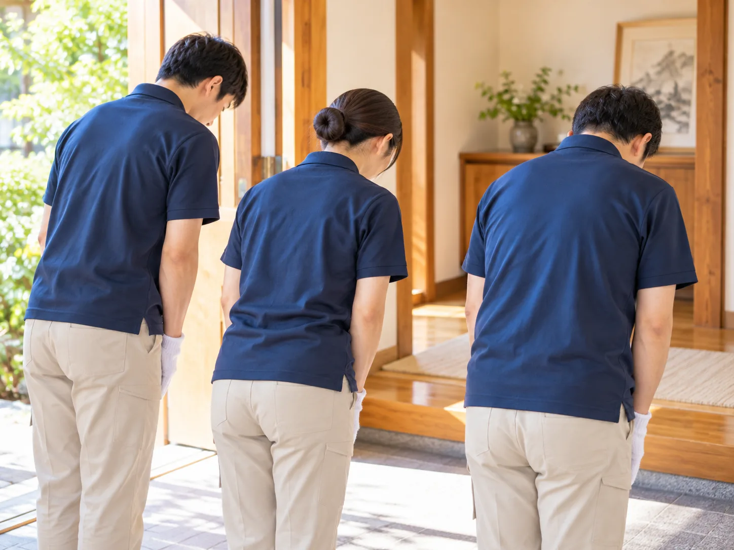 玄関で並んでお辞儀をするスタッフ