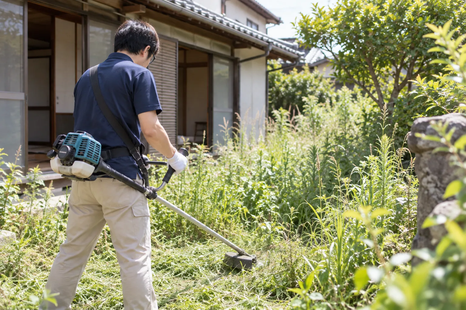 空き家の庭で草刈り機を使って草を刈るスタッフ