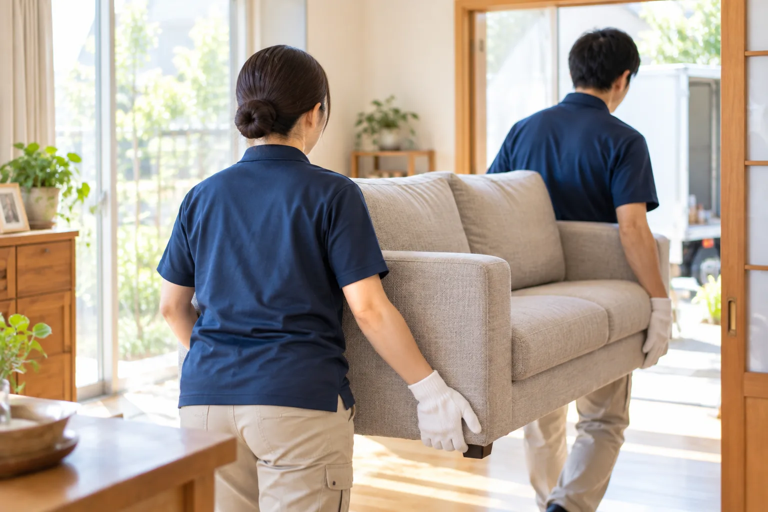 スタッフが家具を部屋から運び出す様子