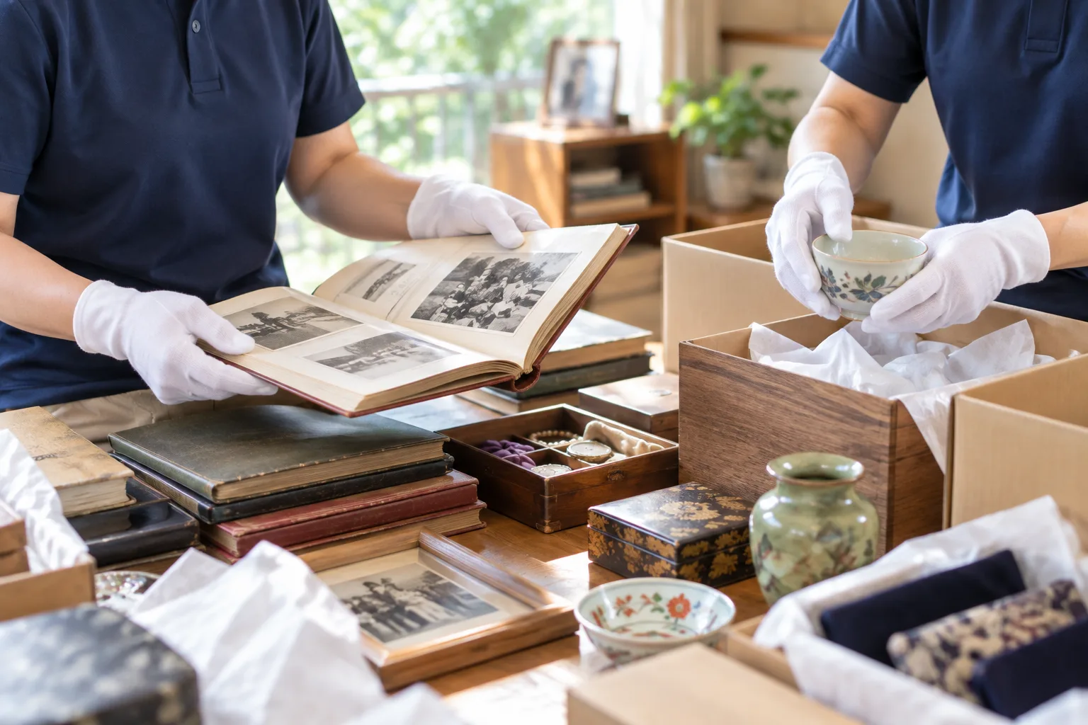 思い出の品を丁寧に仕分ける手元