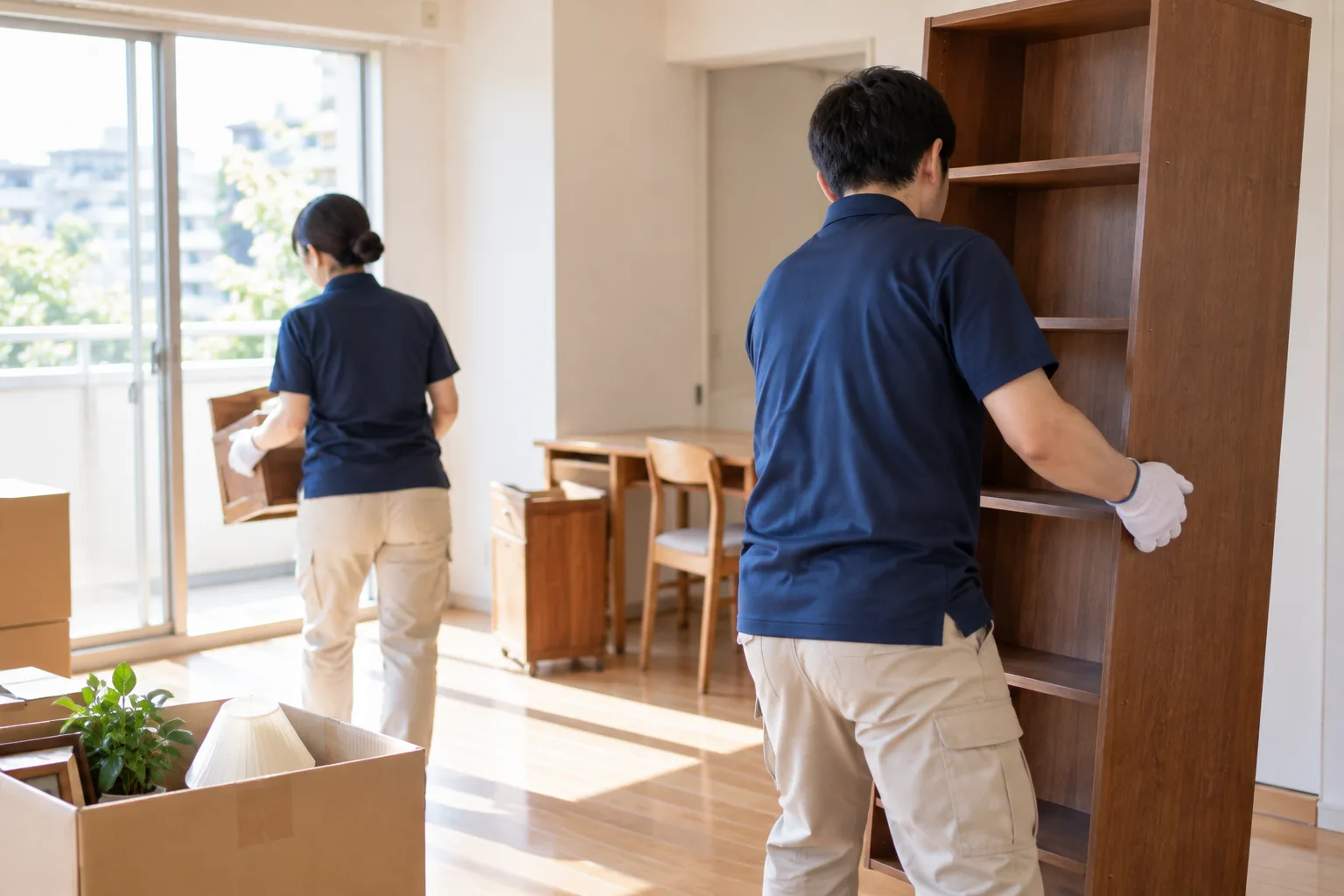 退去前の部屋に残った家具を片づけるスタッフ